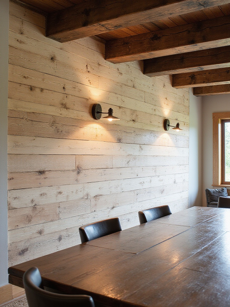 Rustic dining room with reclaimed wood paneling and exposed wood beams.