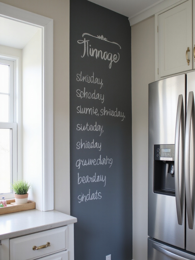 Chalkboard paint wall in kitchen with meal plan written in chalk.