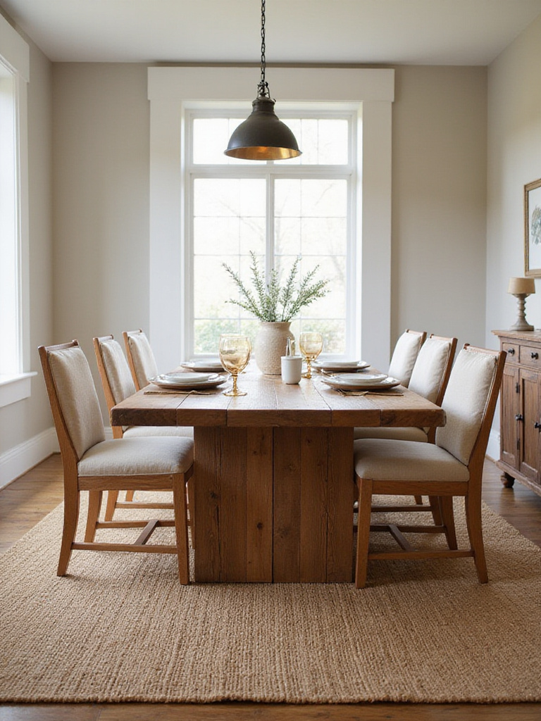 Rustic dining room featuring a jute rug under a wooden table.