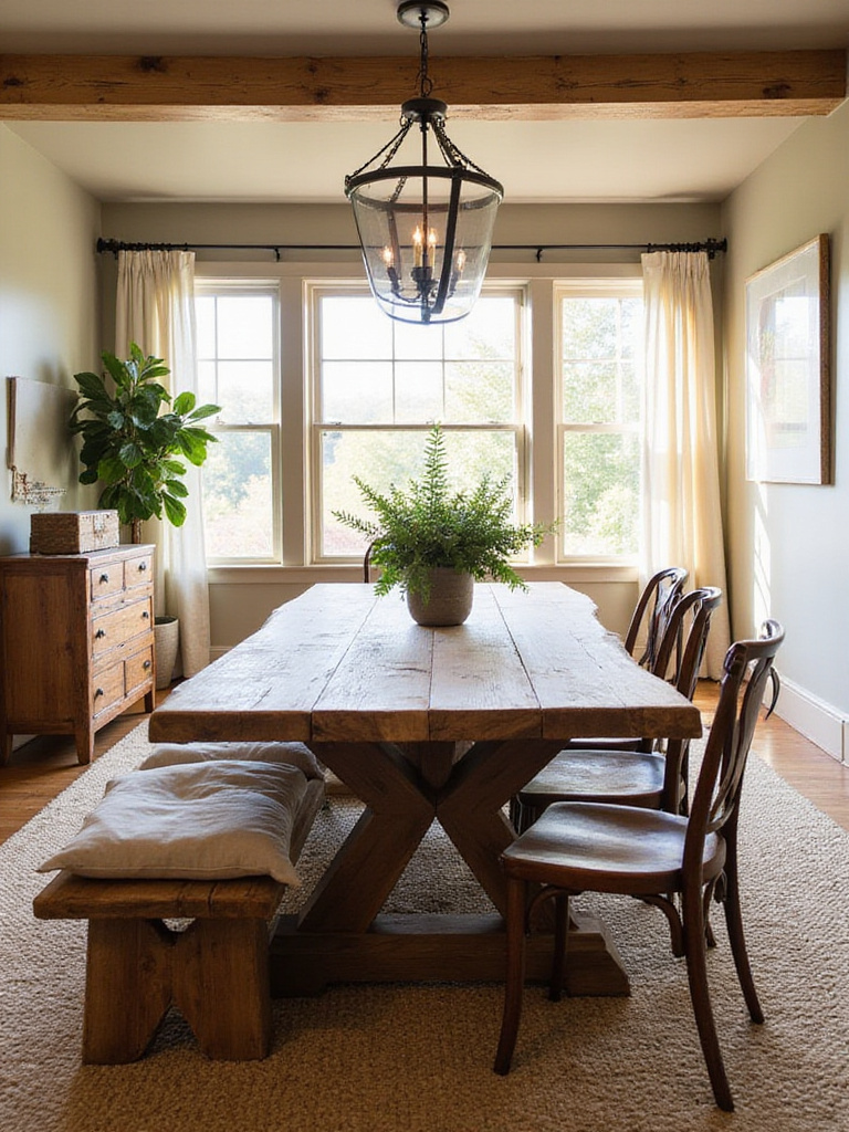 Rustic dining room with reclaimed wood table and bench seating