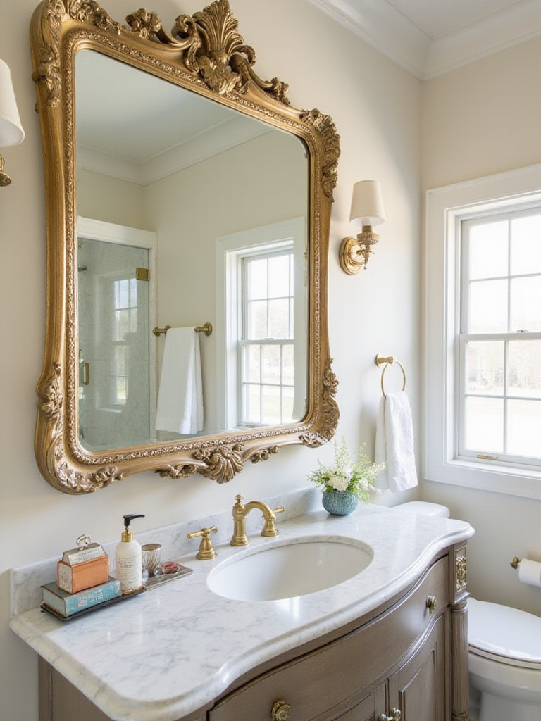 Luxurious bathroom with a large gold-framed statement mirror above a marble vanity.
