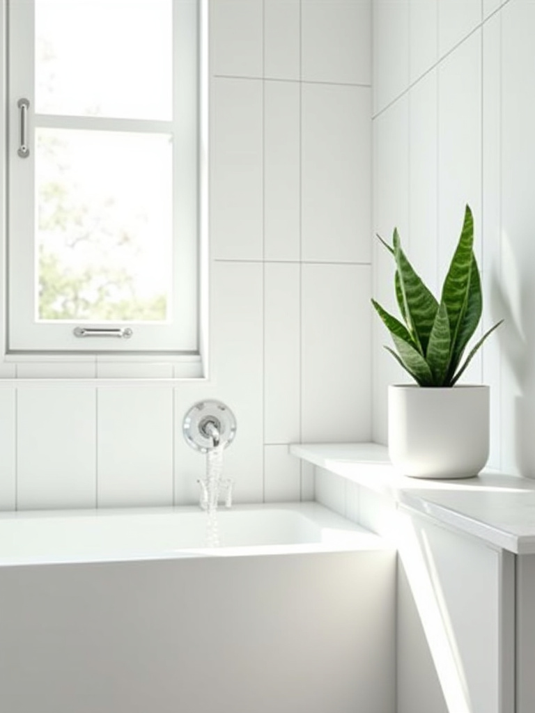 Minimalist bathroom with a green Snake Plant adding life and freshness.