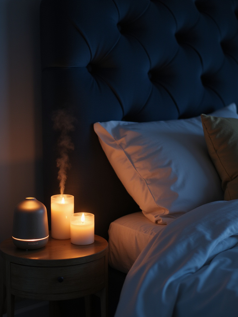 Bedroom scene with lit candles and essential oil diffuser creating a romantic ambiance.
