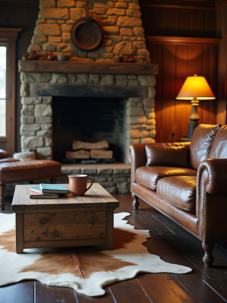 Rustic living room with cowhide rug and leather sofa