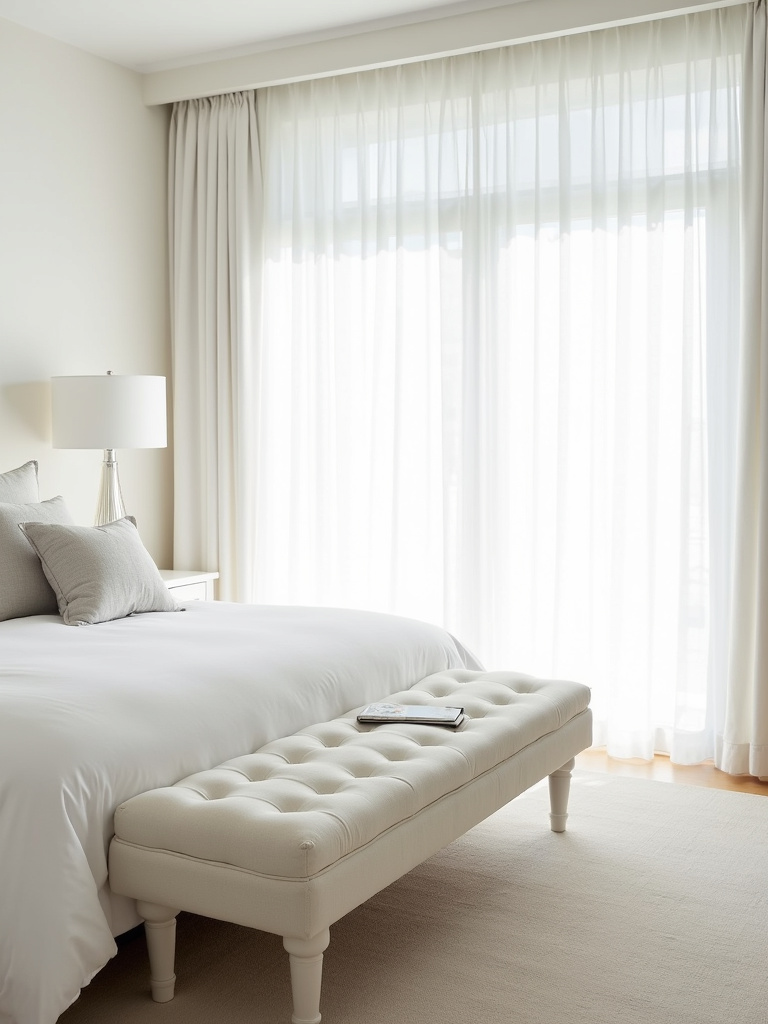 White bedroom with upholstered white bench at the foot of the bed