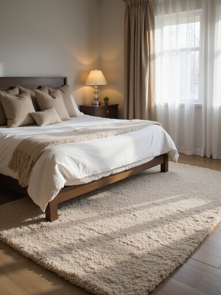 Luxurious master bedroom with a plush beige wool area rug anchoring the design.