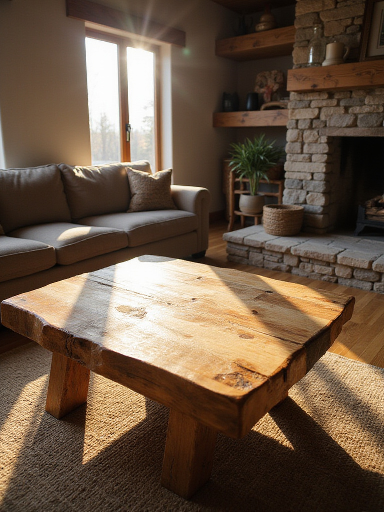 Rustic living room with solid wood coffee table as a focal point