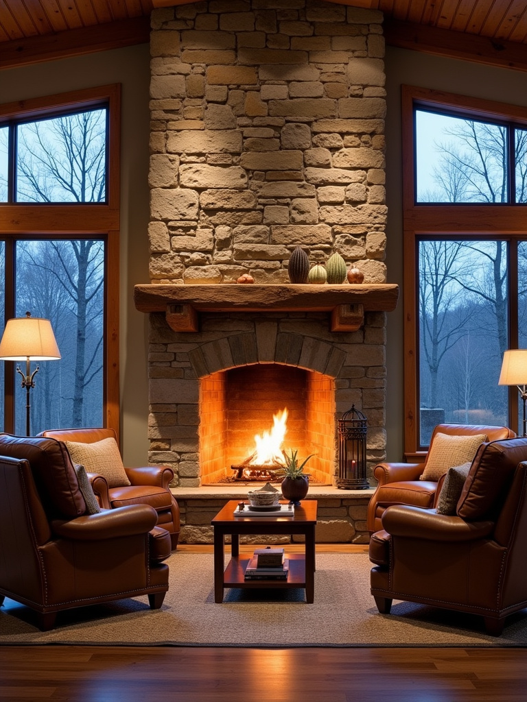 Rustic living room with stone fireplace and cozy furnishings