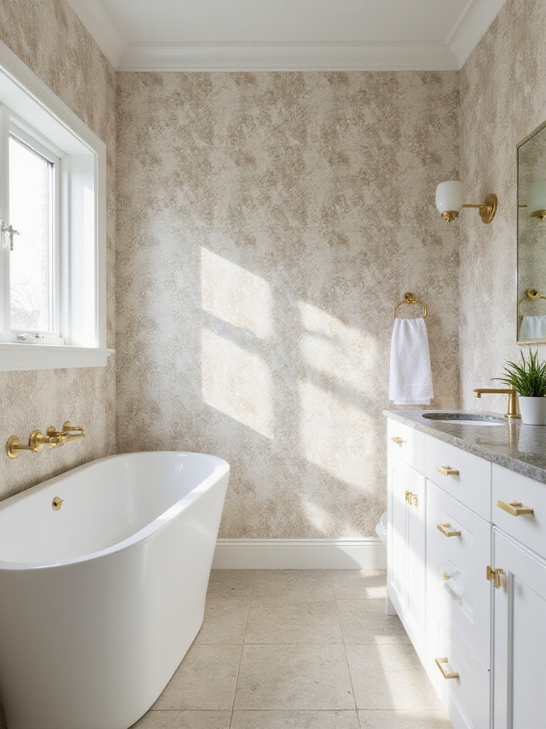 Modern bathroom with neutral animal print wallpaper accent wall.