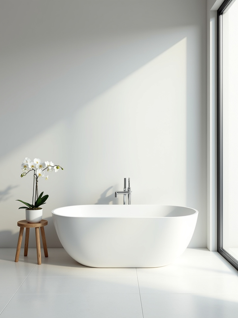 Minimalist bathroom design emphasizing negative space with a freestanding bathtub and single orchid.