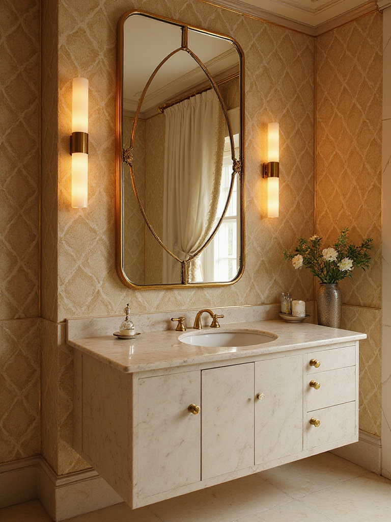 Art Deco bathroom featuring geometric gold wallpaper
