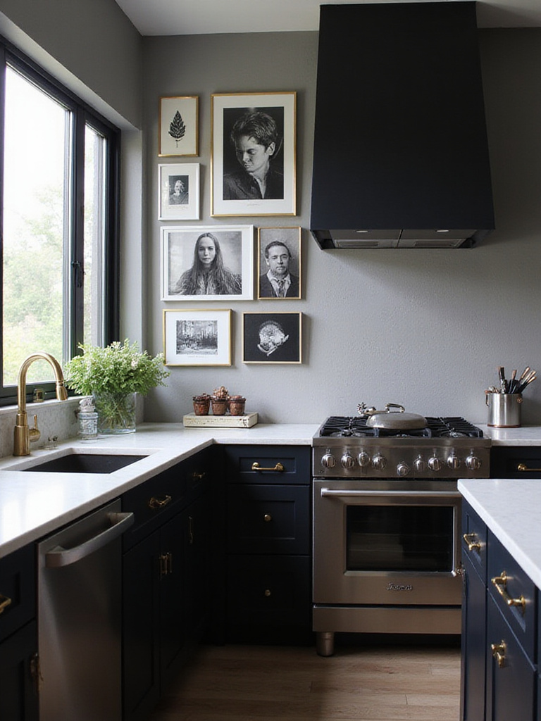 Black kitchen with gallery wall featuring black and white photography and gold frames.