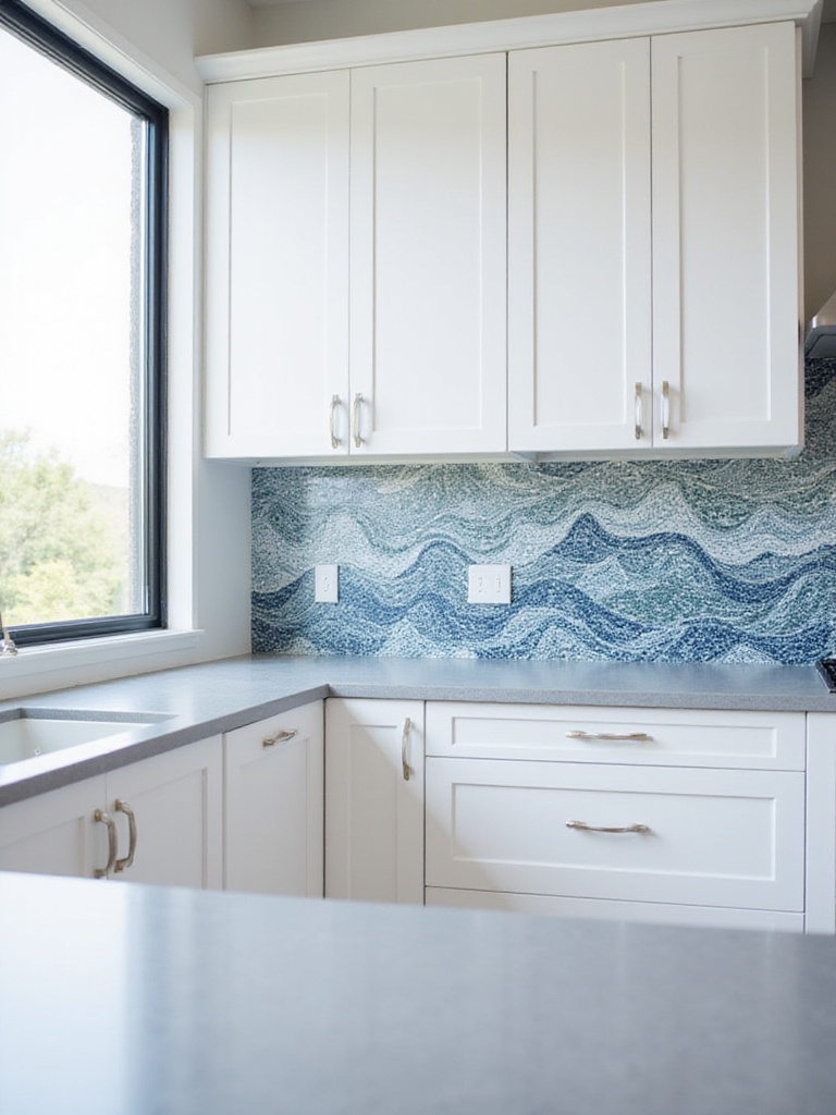 Kitchen backsplash featuring an intricate ocean wave mosaic tile design.