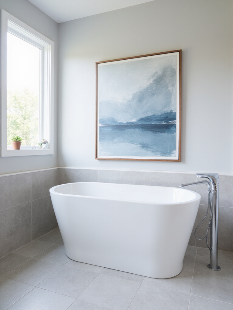 Modern bathroom with abstract art above bathtub