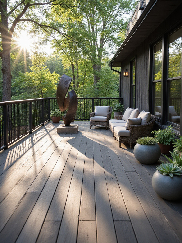 Modern deck with metal sculpture and succulent planters