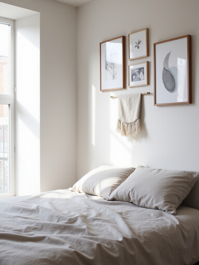 Bedroom gallery wall featuring diverse art styles and sizes.