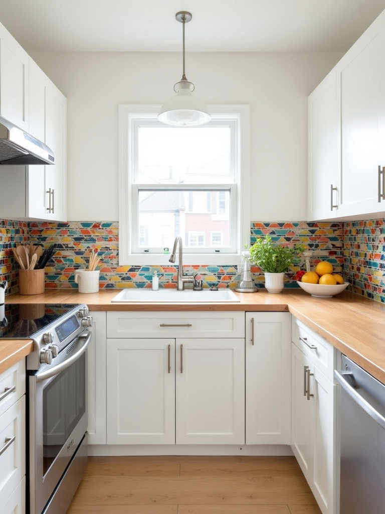 White kitchen cabinets with colorful mosaic tile backsplash