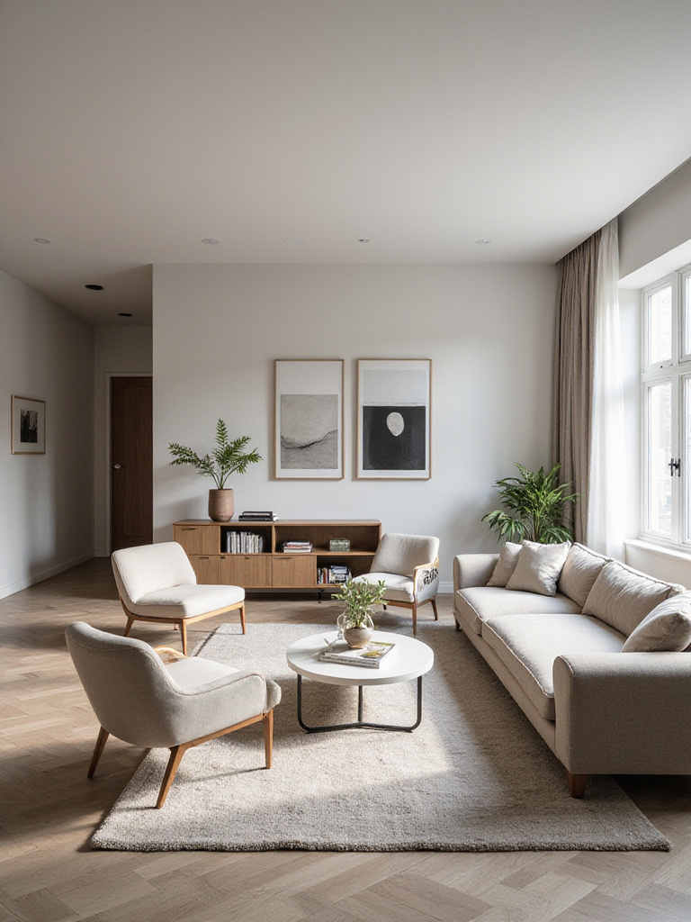 Balanced living room design with proportionate furniture arrangement.