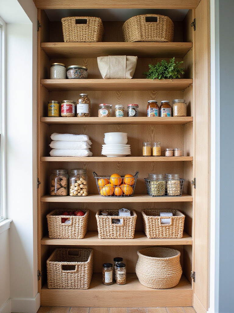 Well-organized kitchen pantry with baskets containing produce and snacks