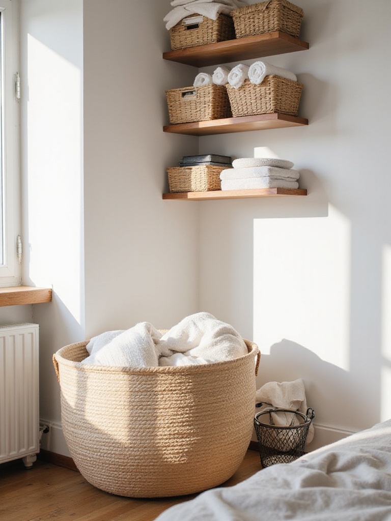 Stylish storage baskets in a tidy apartment bedroom.
