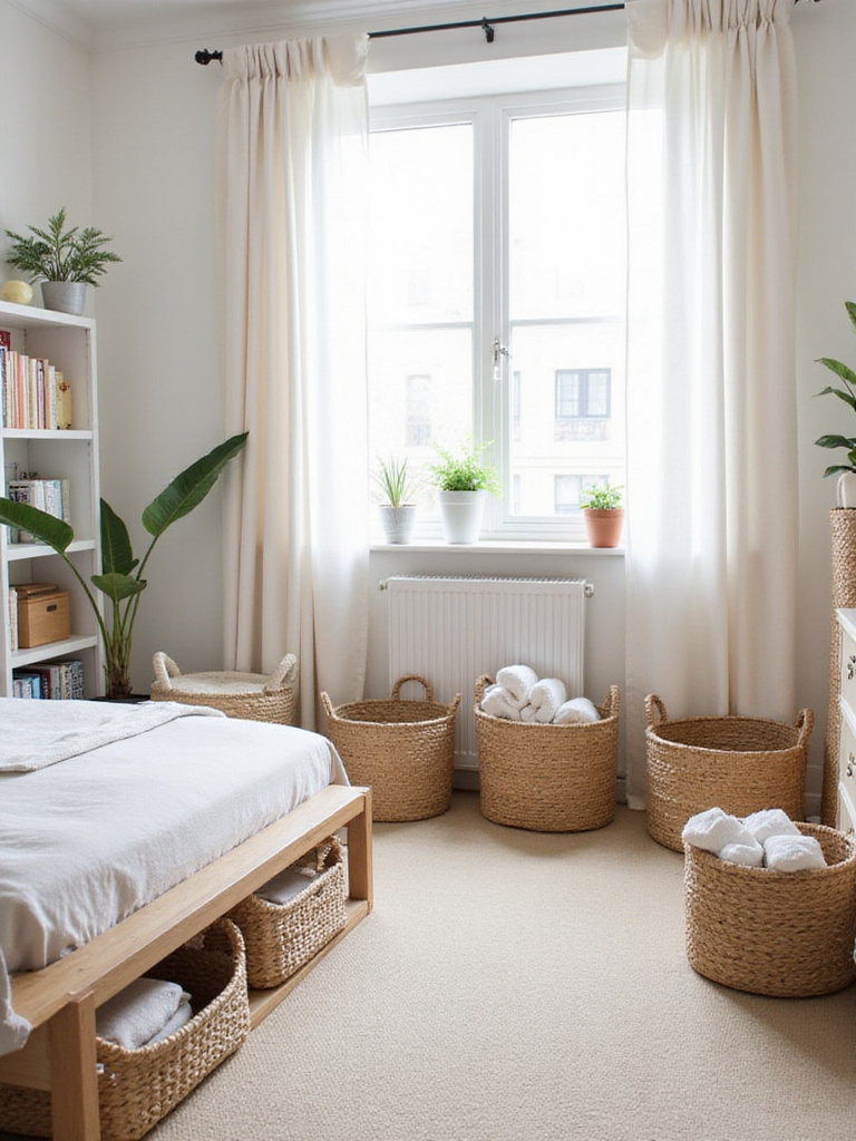 Apartment bedroom showcasing stylish basket storage solutions under the bed, on bookshelves, and beside a dresser.