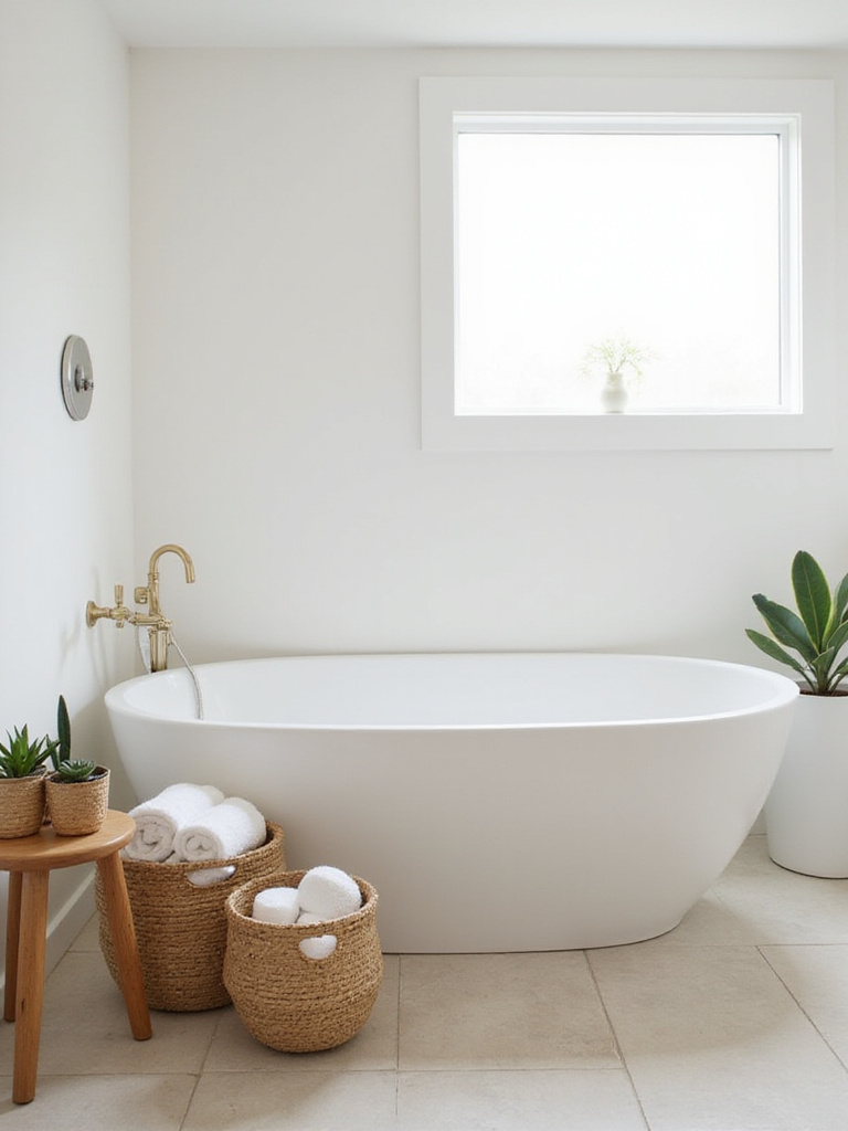 Woven baskets for stylish bathroom storage of towels and plants