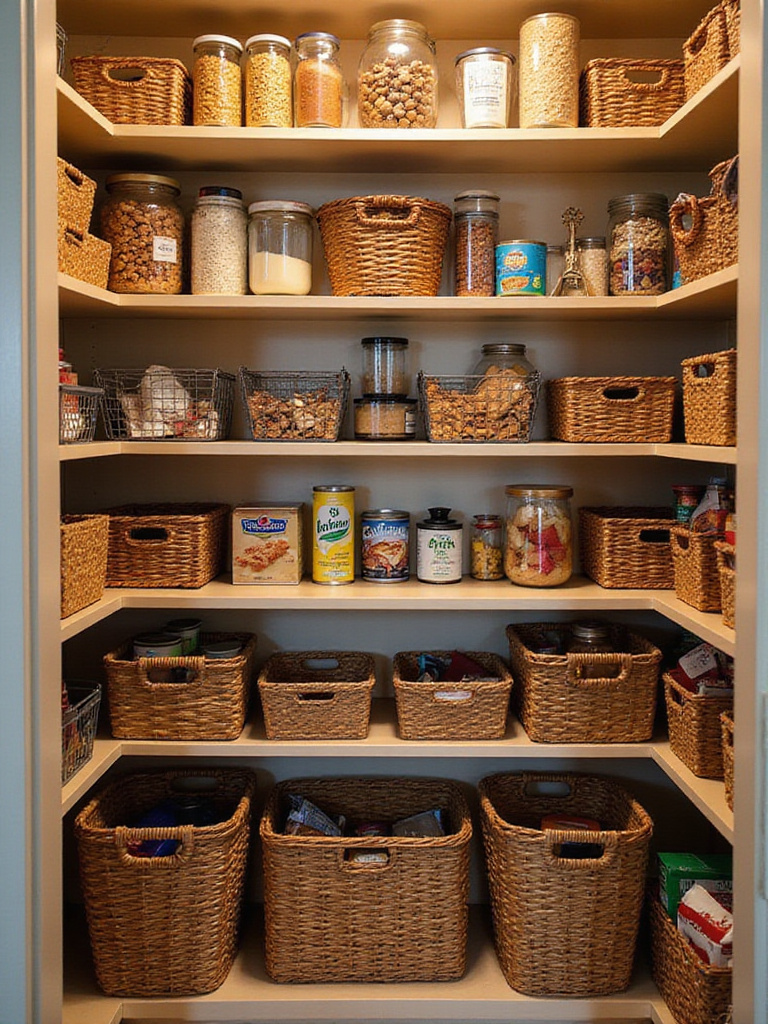 Organized pantry shelves with various baskets containing grouped food items for visual appeal and efficient storage.