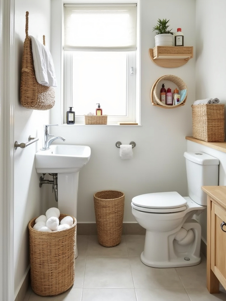Apartment bathroom with decorative storage baskets for towels, toiletries, and cleaning supplies.