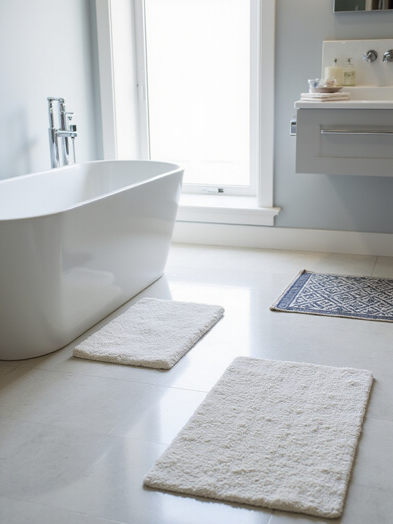 Plush white memory foam bath mat and patterned cotton bath mat in a modern bathroom.