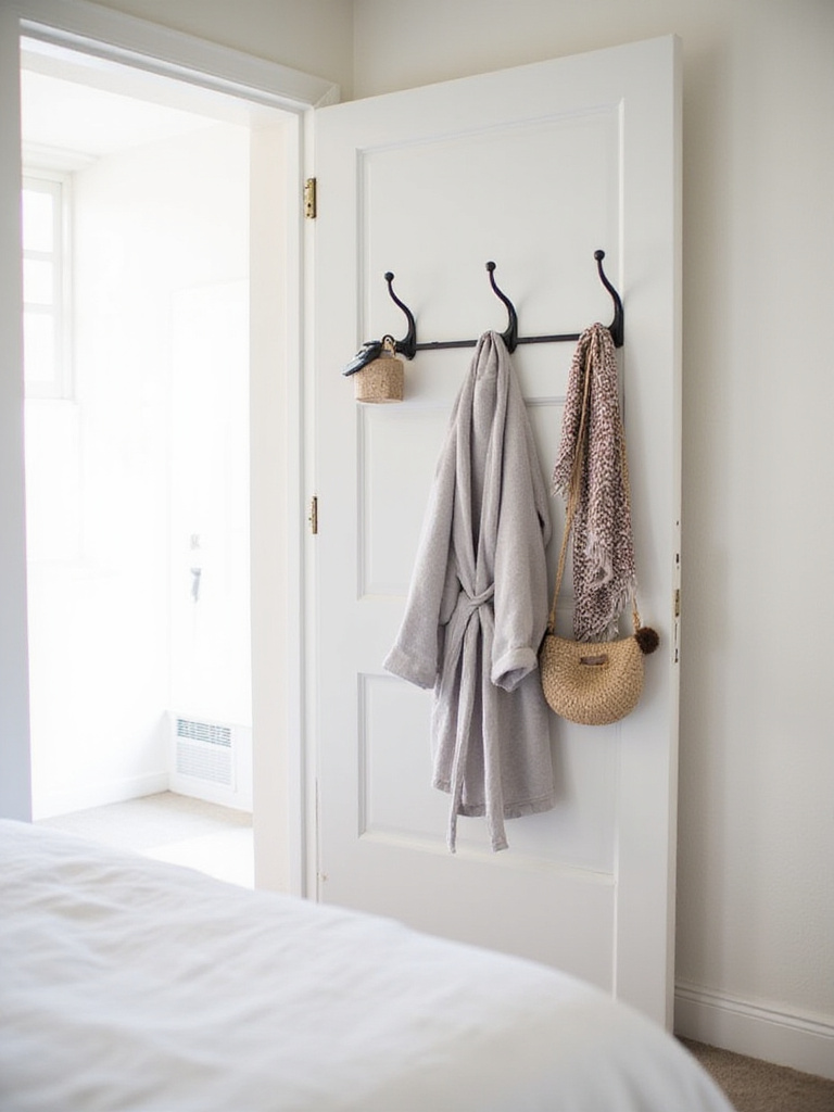 Behind-the-door hooks organizing a bathrobe, bag, and scarf in a bedroom.