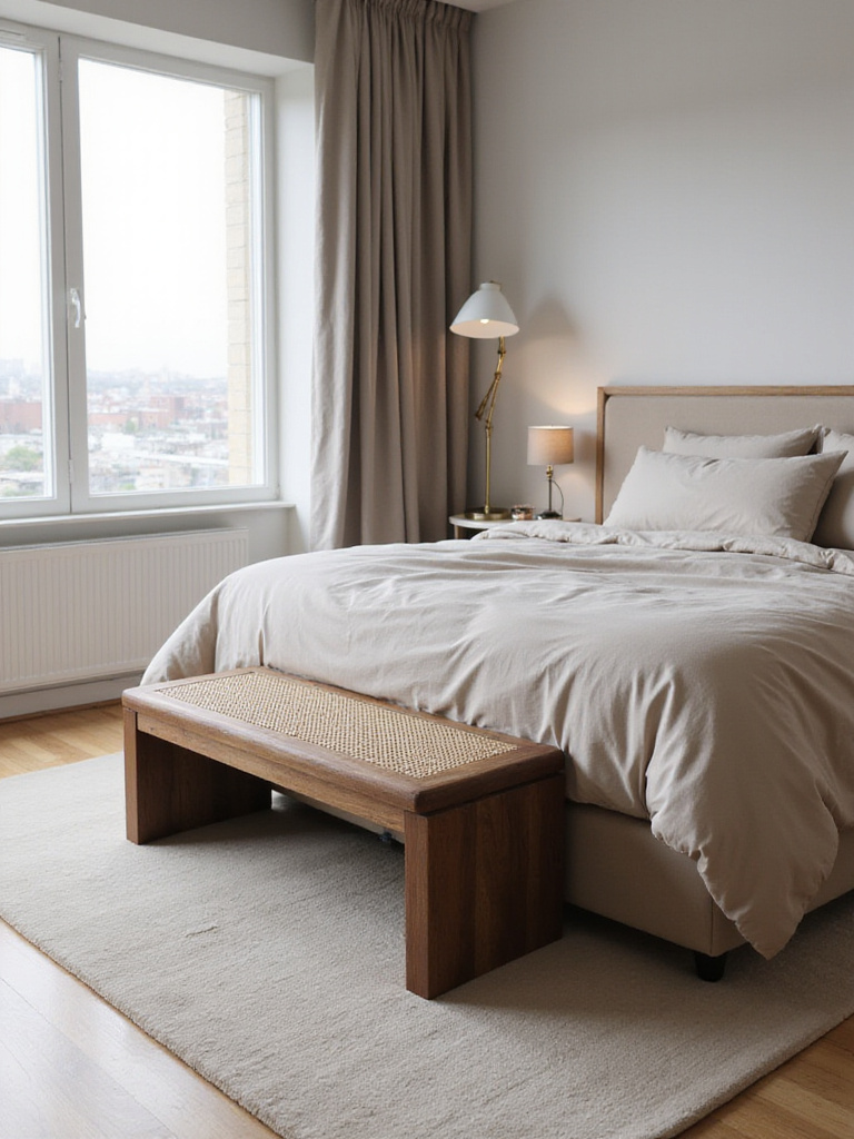 Modern apartment bedroom with a stylish dark wood bench at the foot of the bed.