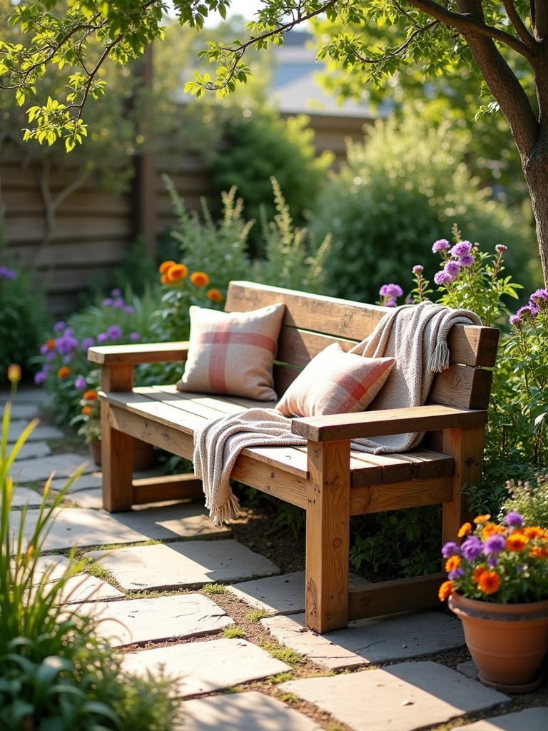 Rustic reclaimed wood bench in a beautiful backyard setting, offering budget-friendly seating and a charming aesthetic.