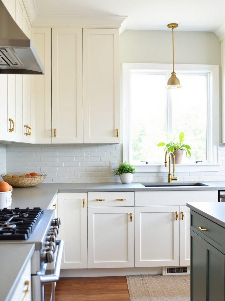 White kitchen cabinets in varying shades and undertones, creating depth and visual interest.