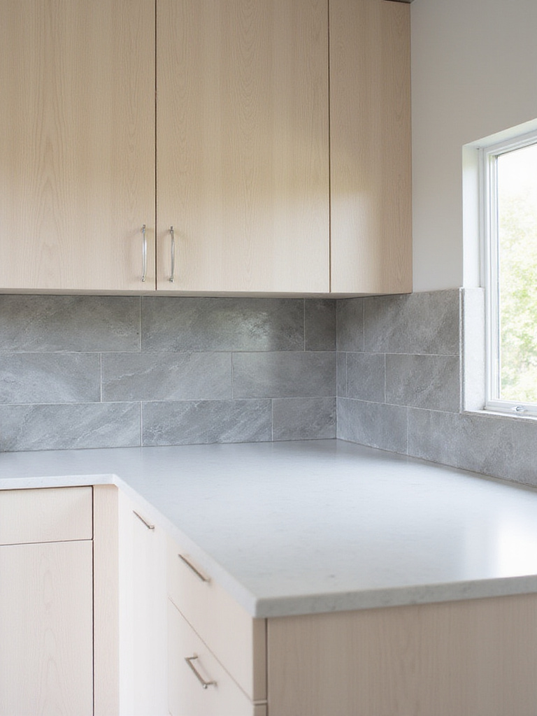 Modern kitchen with light wood cabinets and a grey, textured extended backsplash reaching the ceiling.