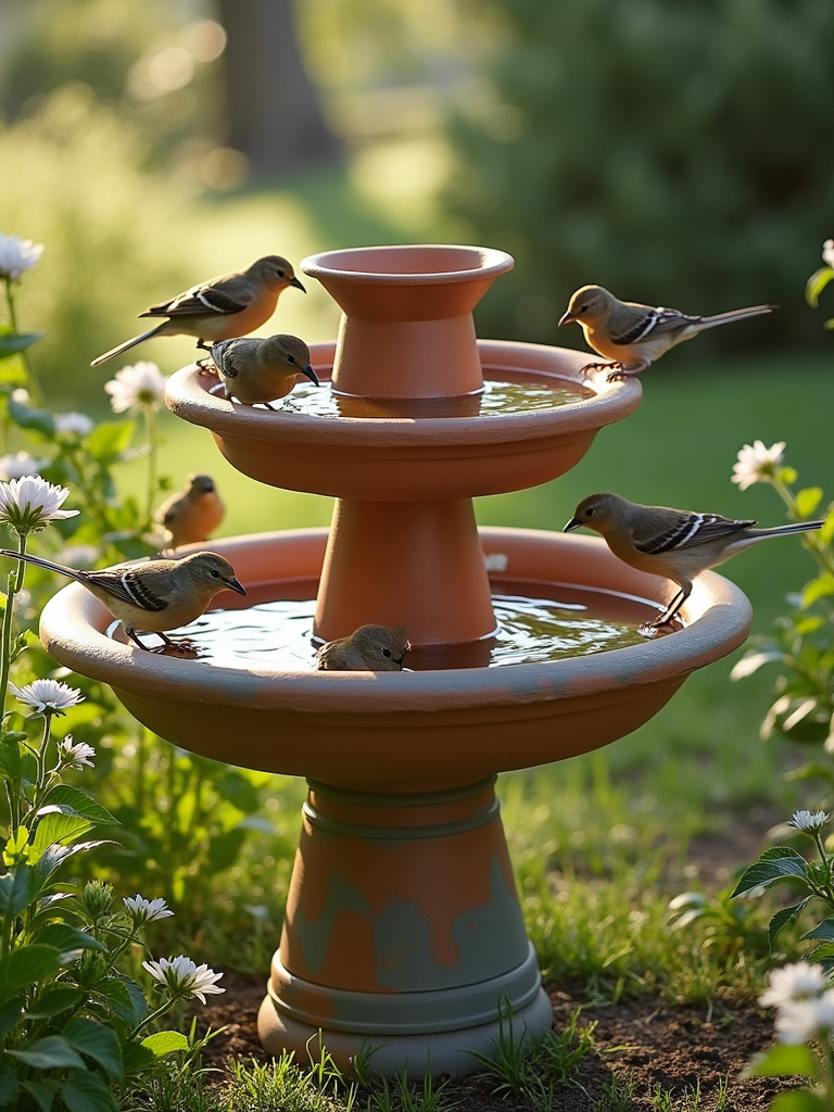 DIY terracotta pot bird bath in backyard garden with birds bathing