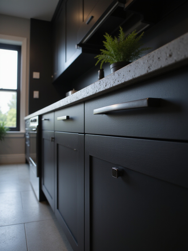 Monochromatic black kitchen with matte black cabinets and sleek black hardware.
