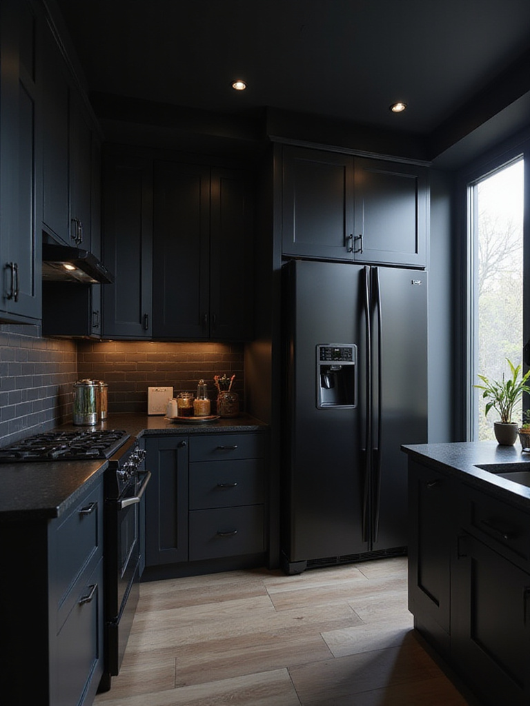 Black kitchen featuring black stainless steel appliances for a seamless, contemporary look.