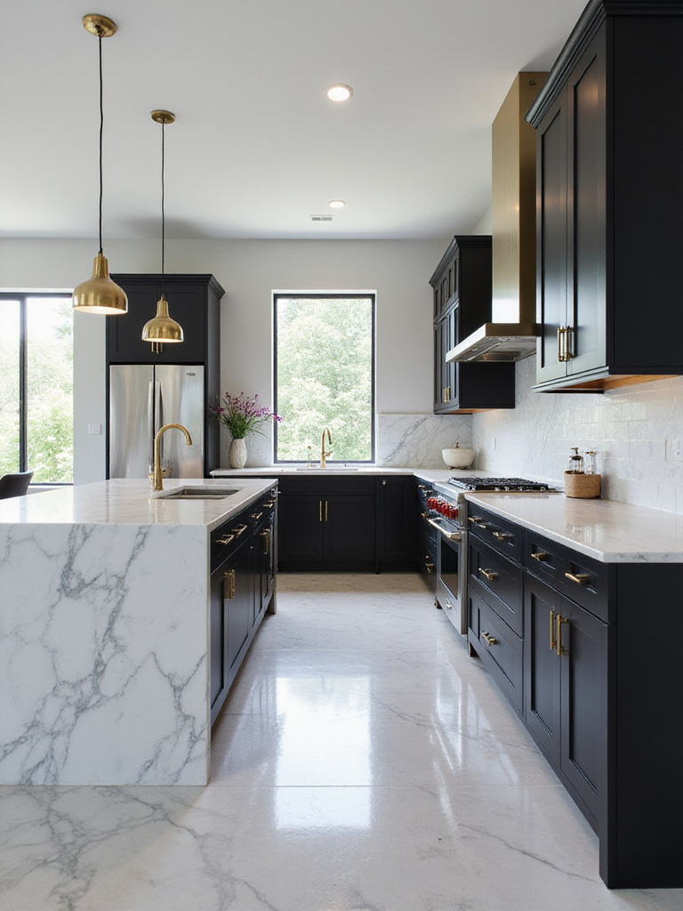 Black kitchen cabinets with white marble countertops and backsplash