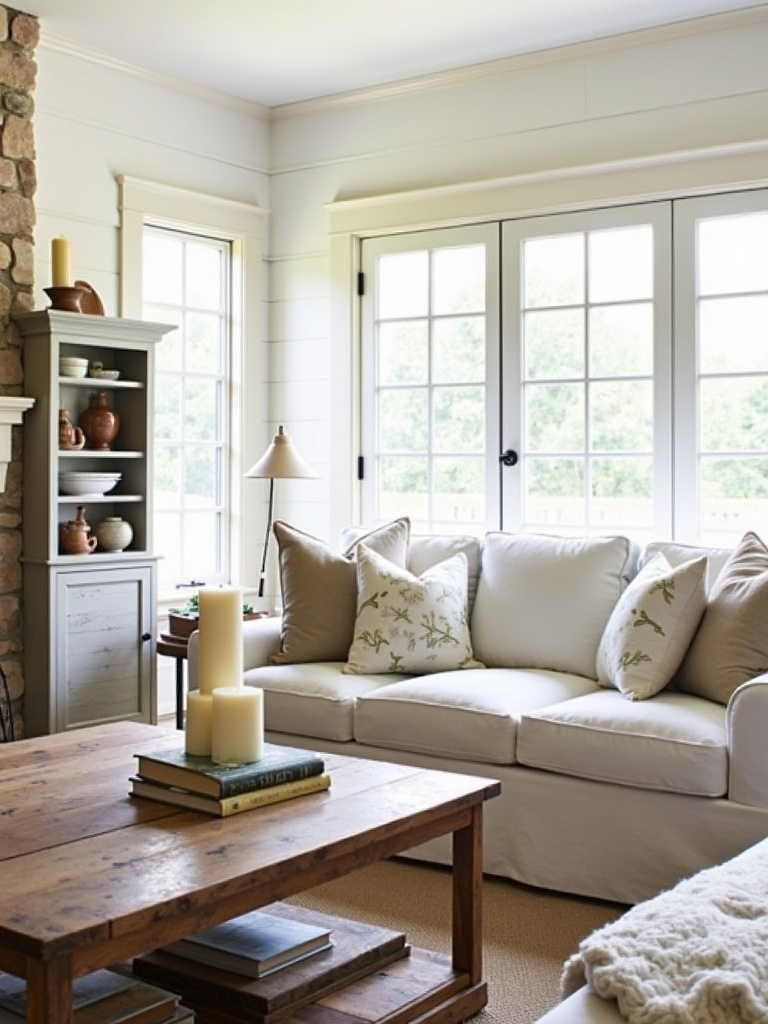 Rustic living room with farmhouse elements, including shiplap walls, reclaimed wood coffee table, and slipcovered sofa.