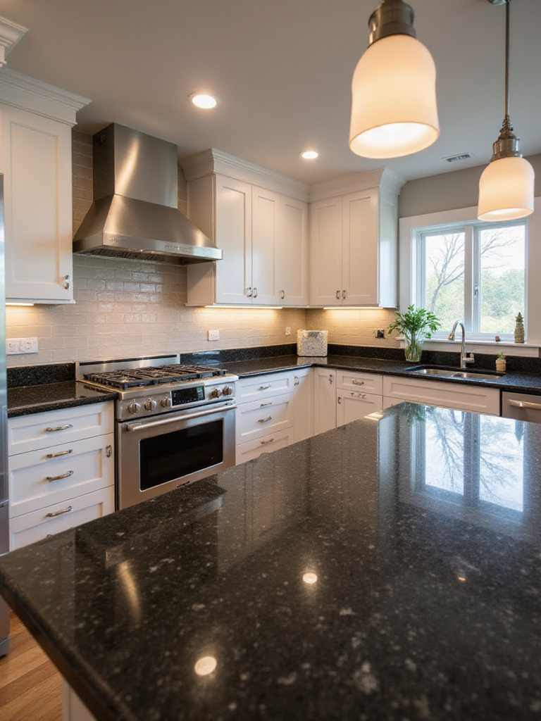 Modern kitchen with striking black granite countertops and light-colored cabinetry.