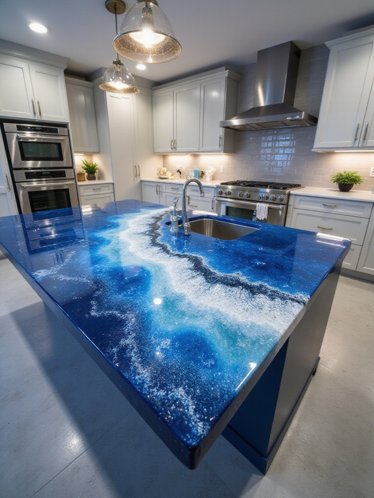 Modern kitchen with a nebula-inspired epoxy resin countertop island