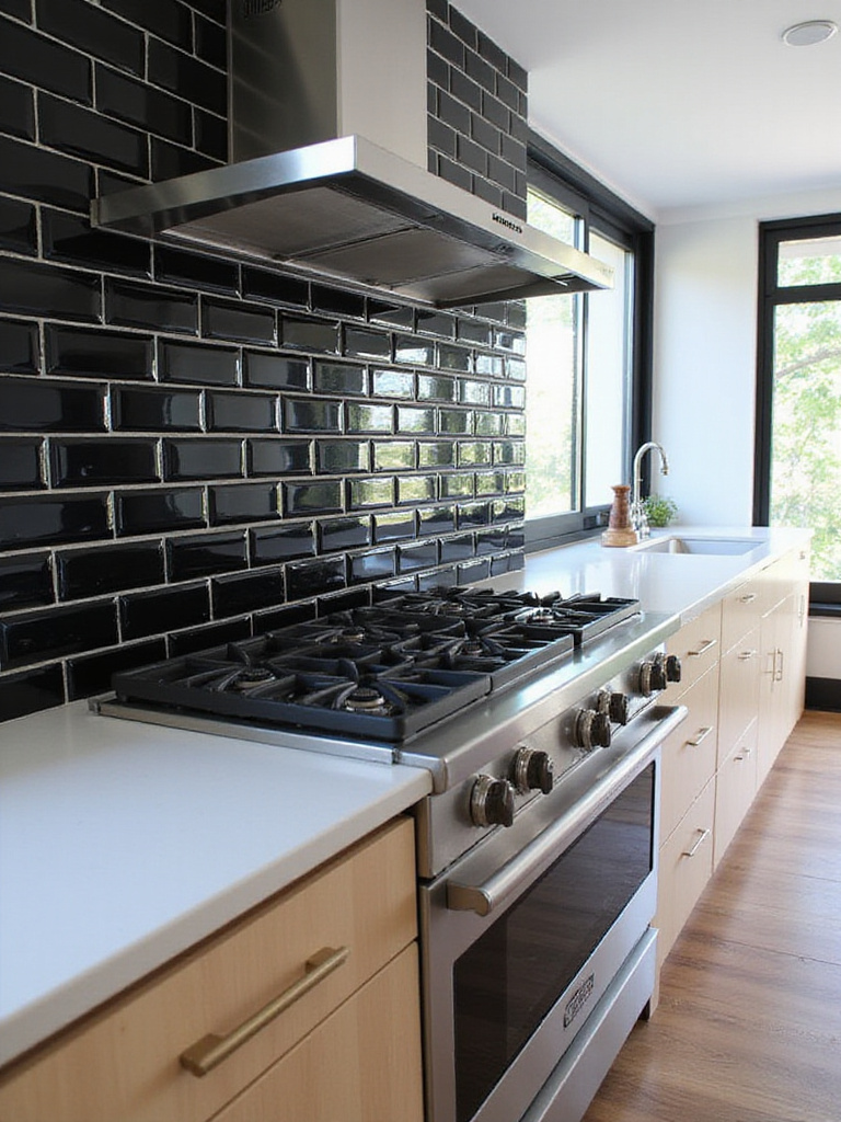 Modern kitchen with glossy black subway tile backsplash and white quartz countertops
