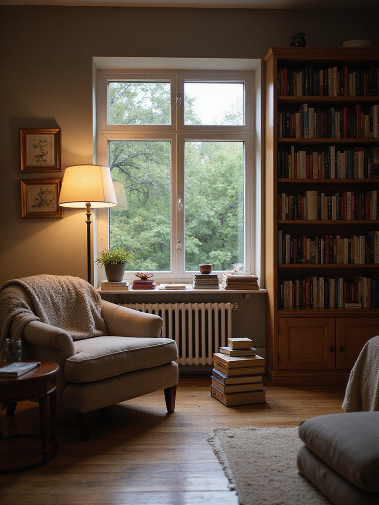 Cozy bedroom with bookshelves and reading nook.