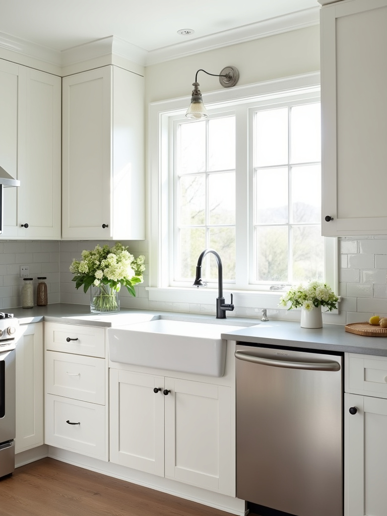 Bright white kitchen with shaker cabinets, stainless steel appliances, and fresh flowers, showcasing its resale appeal.