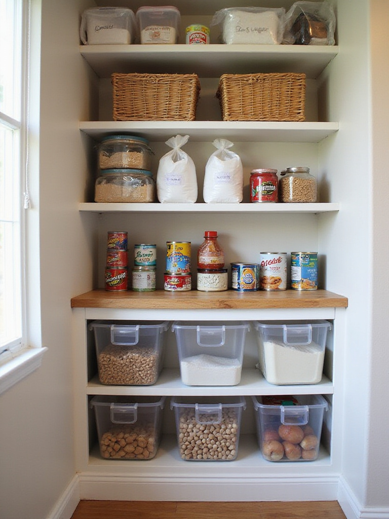 Organized kitchen pantry bottom shelf with bins and baskets holding canned goods, flour, and sugar.