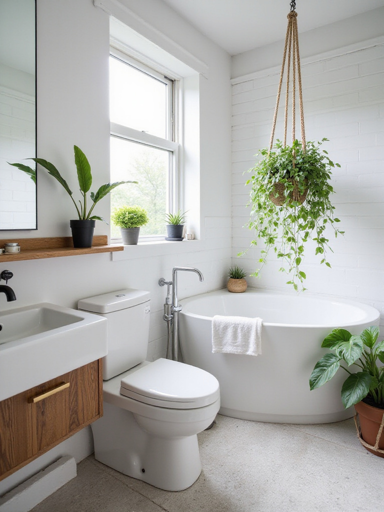 Modern bathroom with white and grey color scheme, featuring indoor plants like snake plant, fern, and pothos for a refreshing and natural vibe.