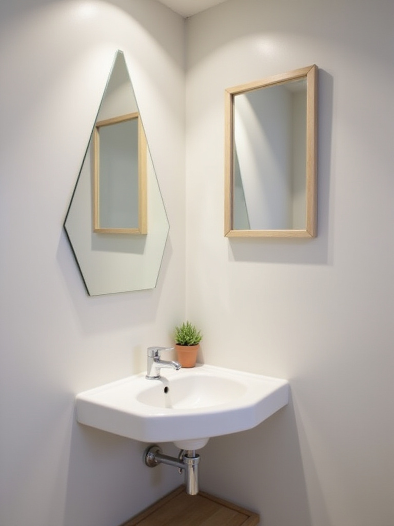 Bathroom corner with triangular mirror above sink