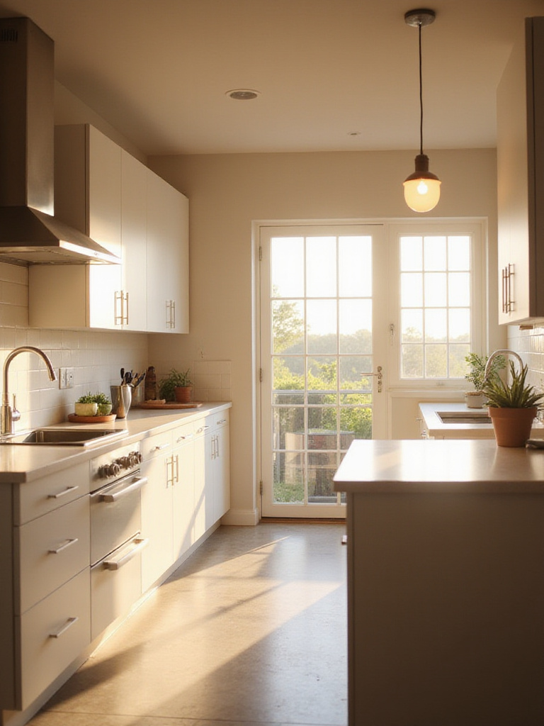 Bright, modern kitchen with affordable lighting upgrades, including under-cabinet LEDs and a pendant light.