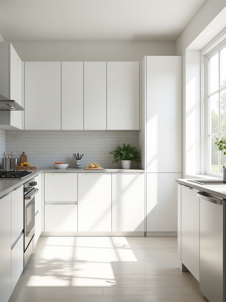 Bright and open kitchen with high-gloss white cabinets reflecting sunlight, creating a spacious feel.