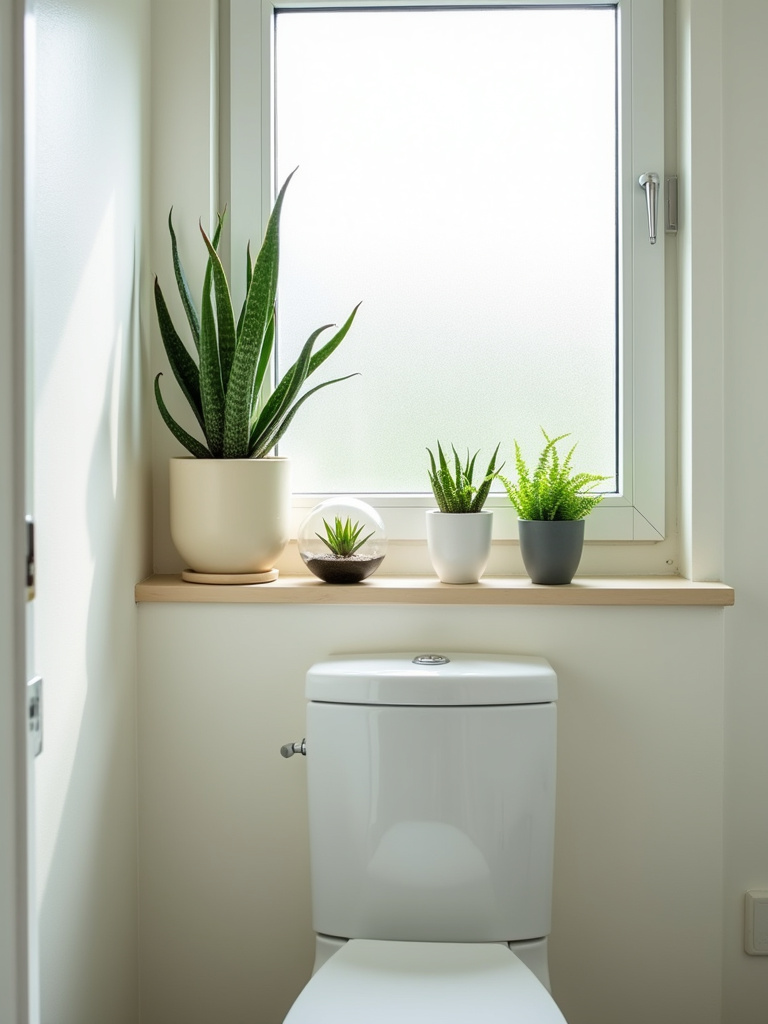 Apartment bathroom with snake plant, air plant, and aloe vera on a shelf, maximizing space with greenery.